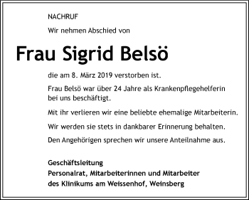 Traueranzeige von Sigrid Belsö 