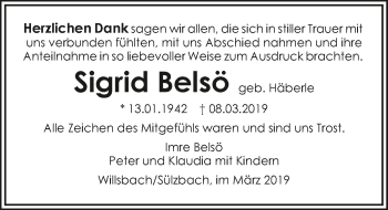 Traueranzeige von Sigrid Belsö 