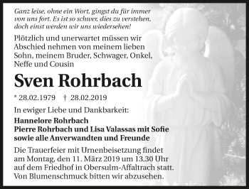 Traueranzeige von Sven Rohrbach 
