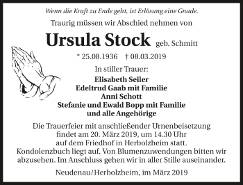 Traueranzeige von Ursula Stock 