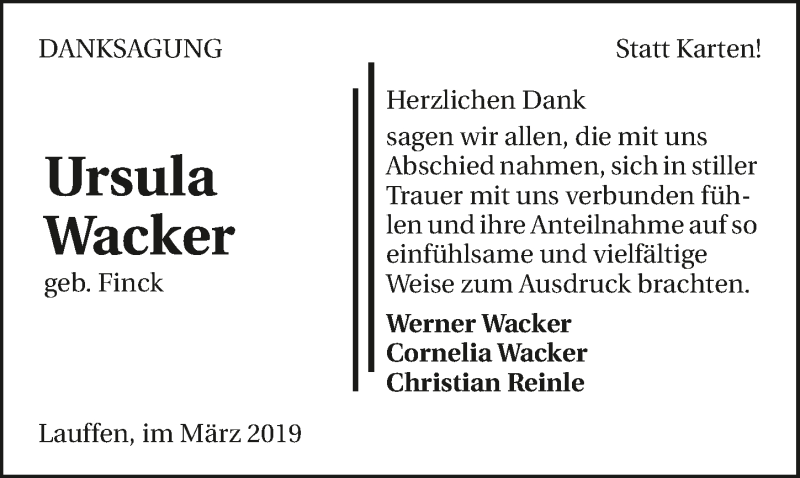 Traueranzeige für Ursula Wacker vom 30.03.2019 aus 