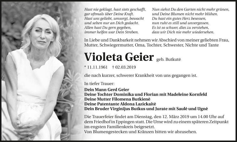  Traueranzeige für Violeta Geier vom 09.03.2019 aus 