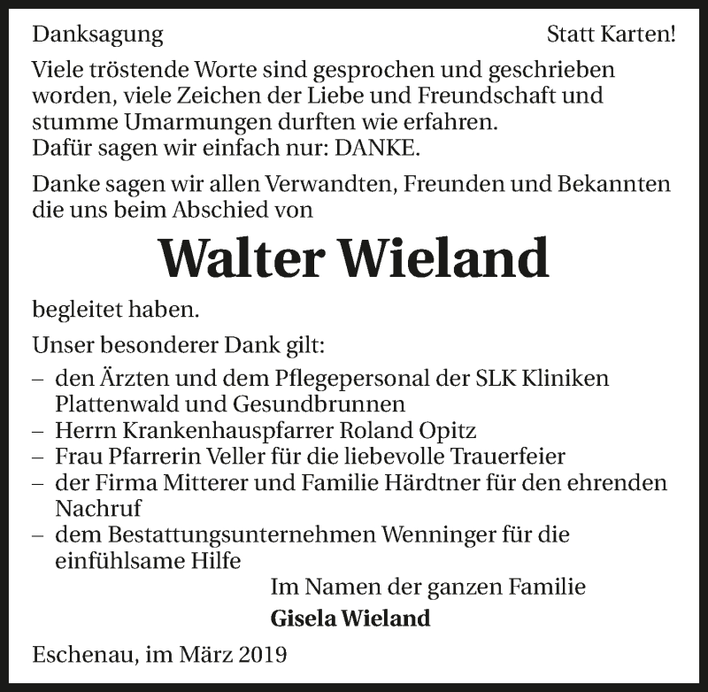  Traueranzeige für Walter Wieland vom 16.03.2019 aus 
