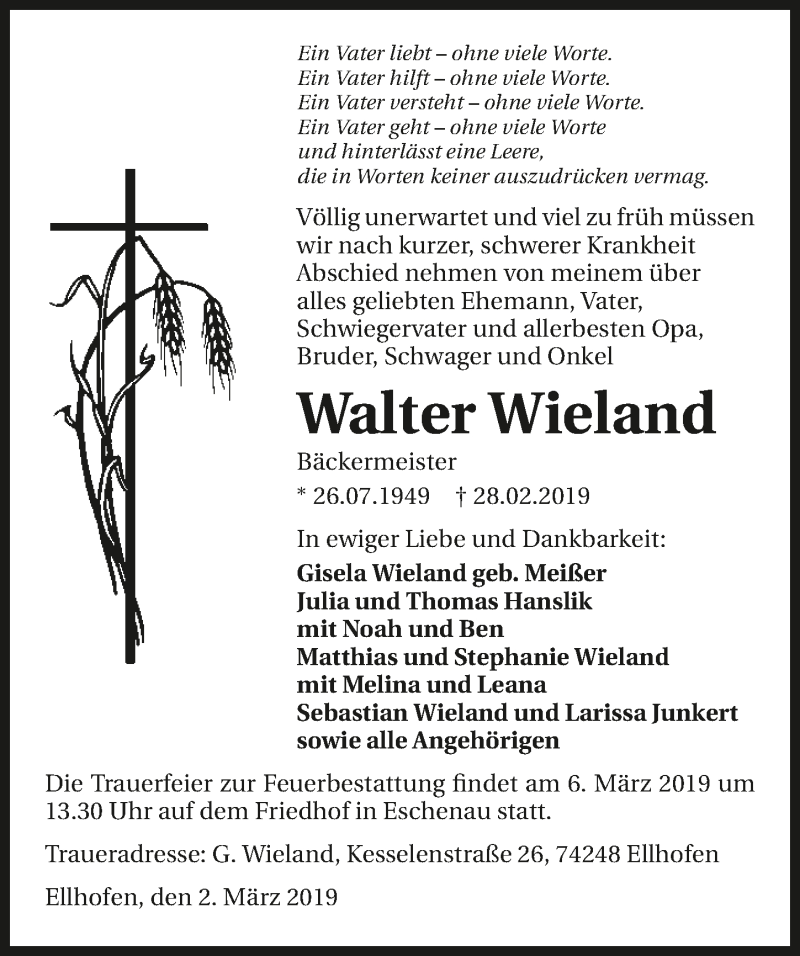  Traueranzeige für Walter Wieland vom 02.03.2019 aus 