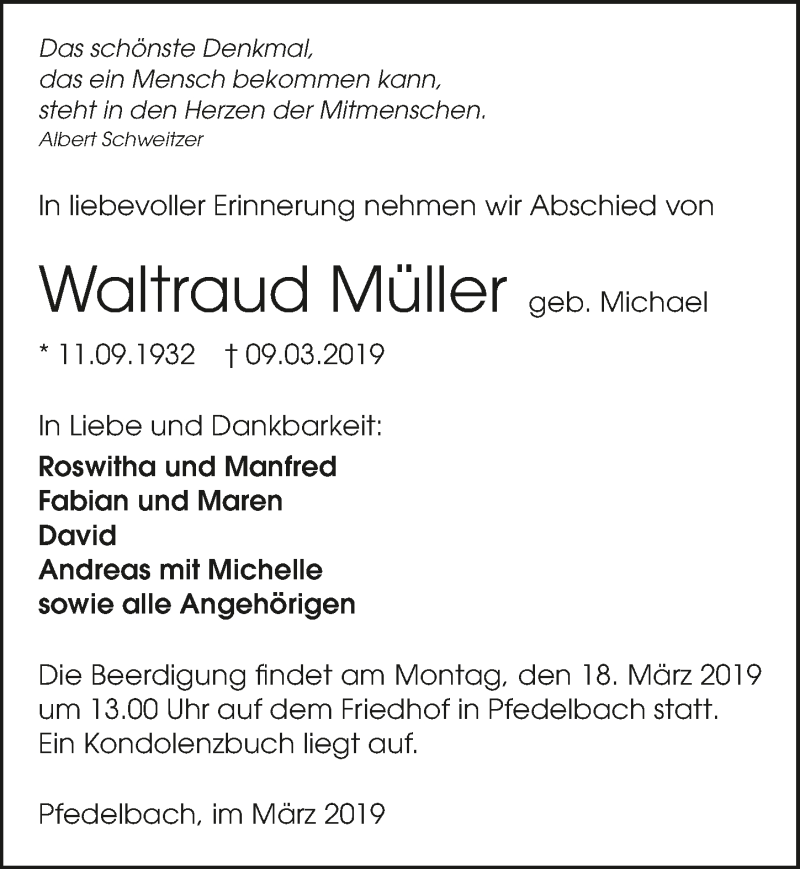  Traueranzeige für Waltraud Müller vom 14.03.2019 aus 