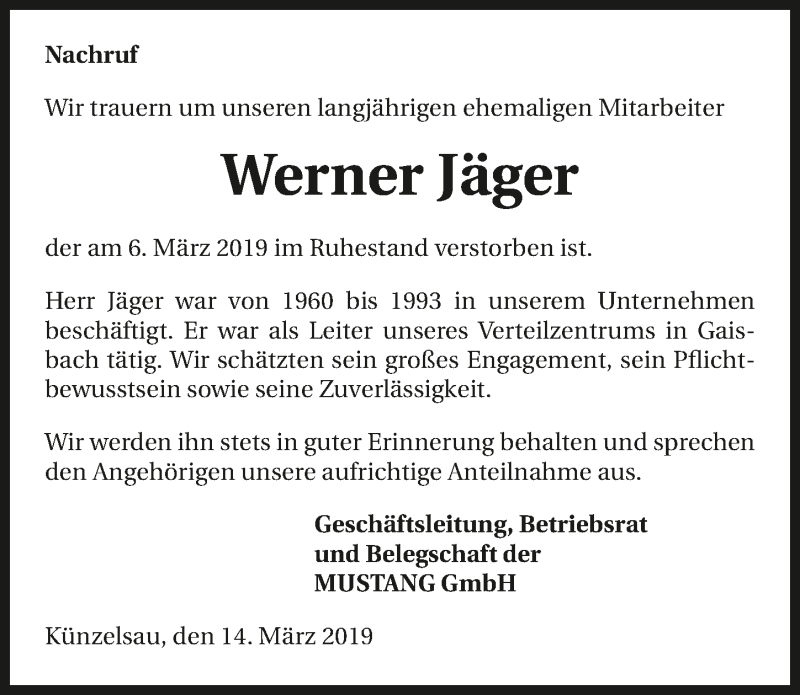  Traueranzeige für Werner Jäger vom 14.03.2019 aus 
