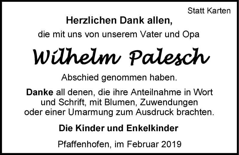  Traueranzeige für Wilhelm Palesch vom 02.03.2019 aus 