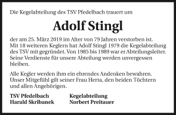 Traueranzeige von Adolf Stingl 