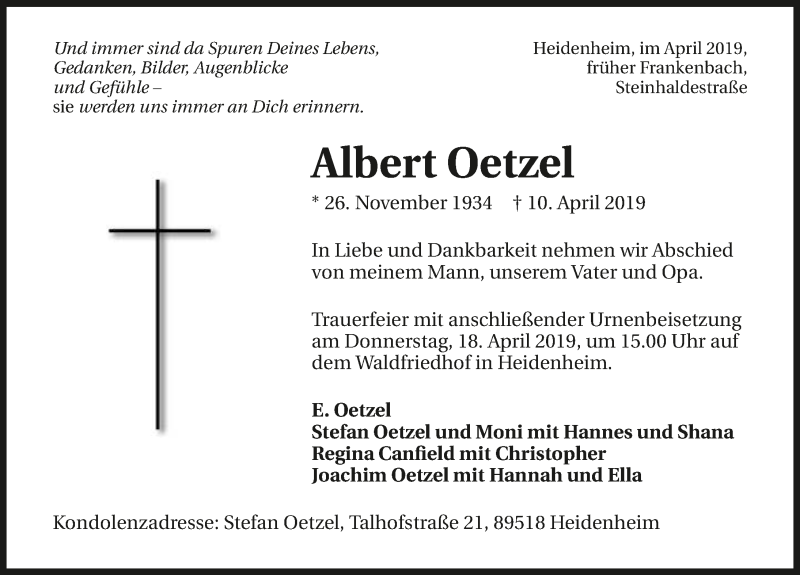  Traueranzeige für Albert Oetzel vom 13.04.2019 aus 