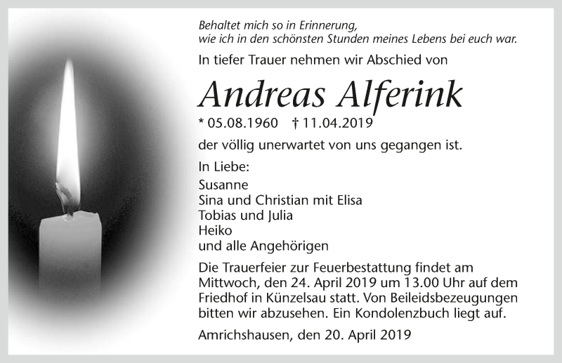  Traueranzeige für Andreas Alferink vom 20.04.2019 aus 
