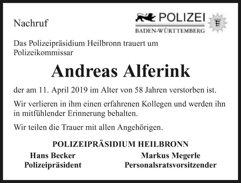  Traueranzeige für Andreas Alferink vom 20.04.2019 aus 