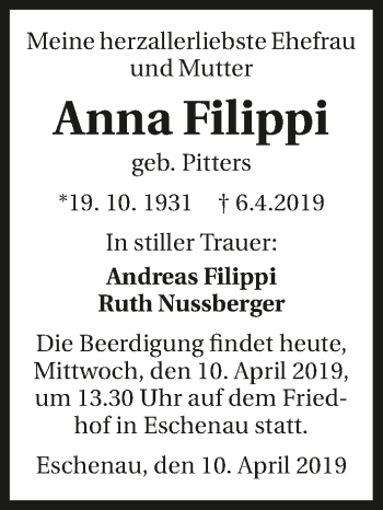 Traueranzeige von Anna Filippi 