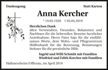 Traueranzeige von Anna Kercher 
