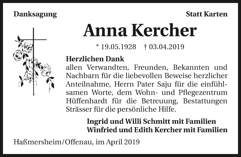  Traueranzeige für Anna Kercher vom 20.04.2019 aus 