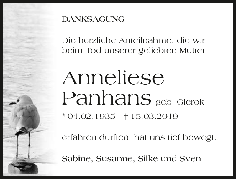  Traueranzeige für Anneliese Panhans vom 27.04.2019 aus 