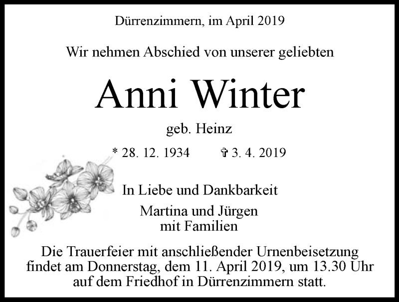  Traueranzeige für Anni Winter vom 08.04.2019 aus 
