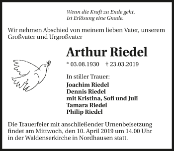 Traueranzeige von Arthur Riedel 