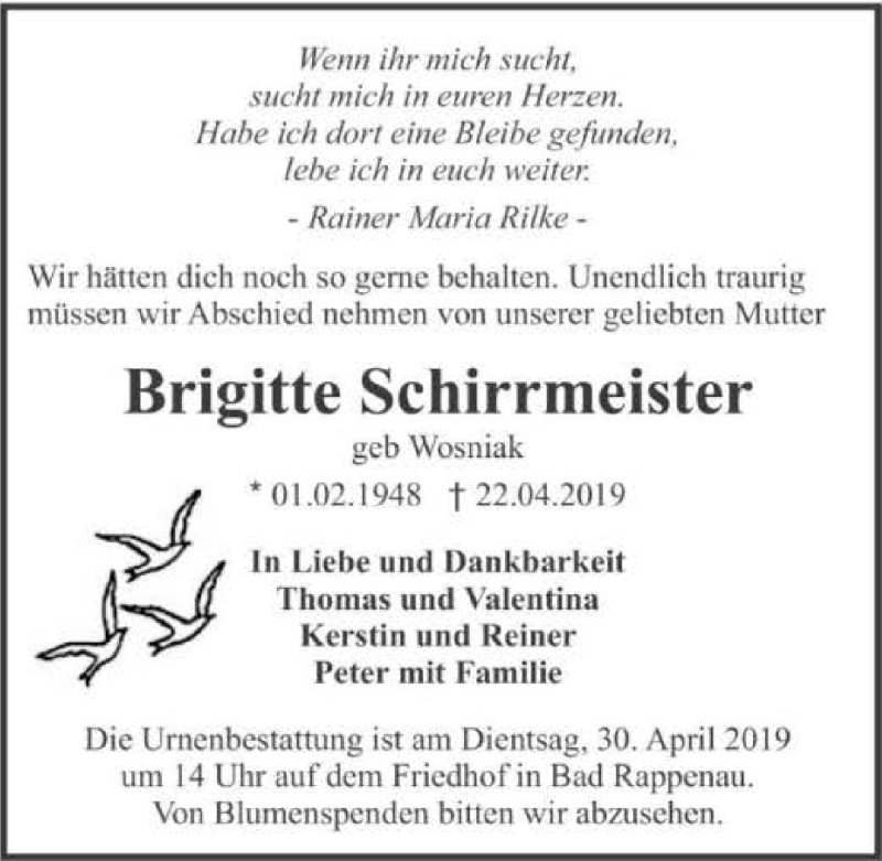  Traueranzeige für Brigitte Schirrmeister vom 27.04.2019 aus 