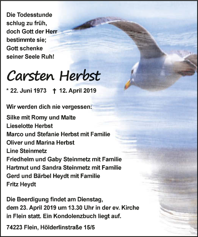  Traueranzeige für Carsten Herbst vom 20.04.2019 aus 
