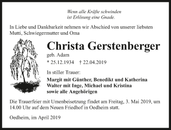 Traueranzeige von Christa Gerstenberger 
