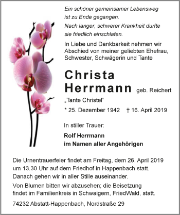 Traueranzeige von Christa Herrmann 