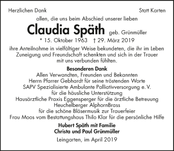 Traueranzeige von Claudia Späth 