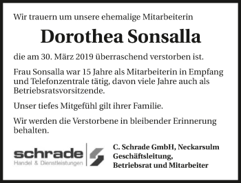 Traueranzeige von Dorothea Sonsalla 
