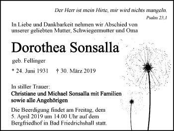 Traueranzeige von Dorothea Sonsalla 