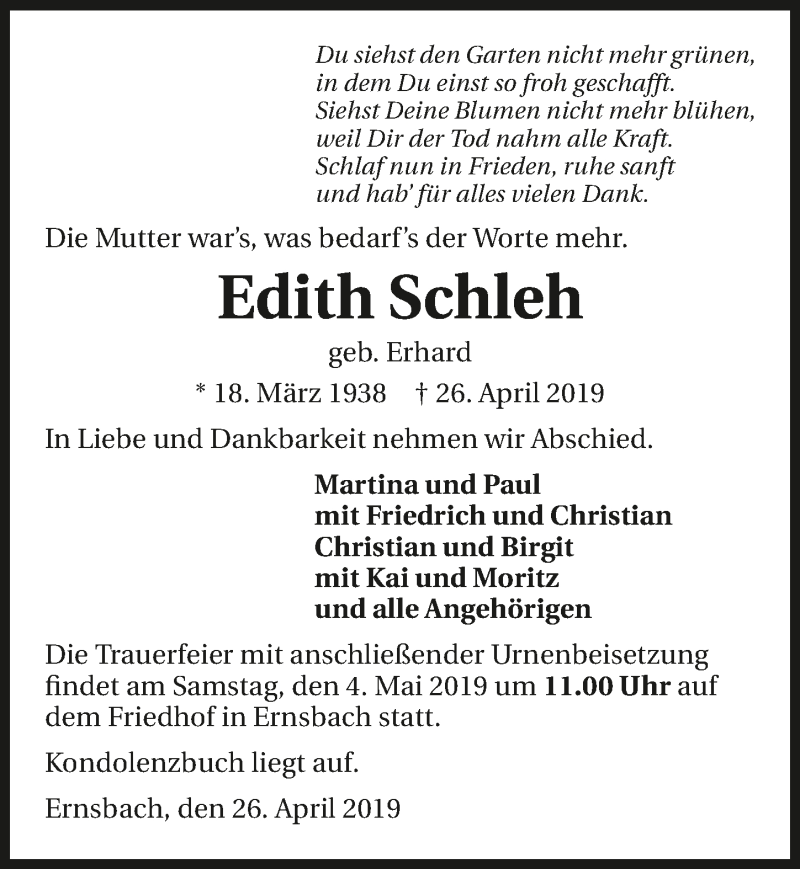  Traueranzeige für Edith Schleh vom 30.04.2019 aus 