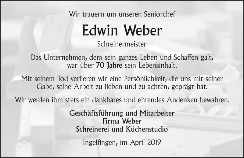  Traueranzeige für Edwin Weber vom 03.04.2019 aus 