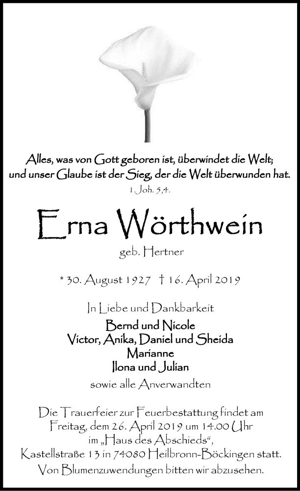  Traueranzeige für Erna Wörthwein vom 23.04.2019 aus 