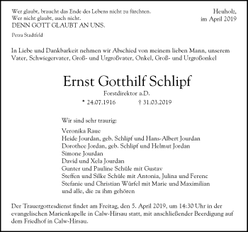 Traueranzeige von Ernst Gotthilf Schlipf 