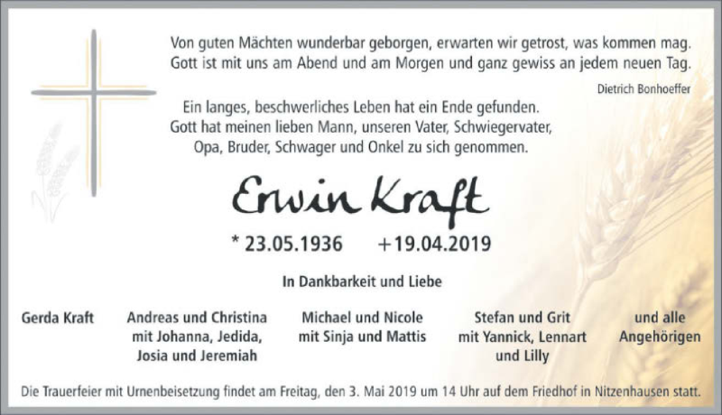  Traueranzeige für Erwin Kraft vom 30.04.2019 aus 