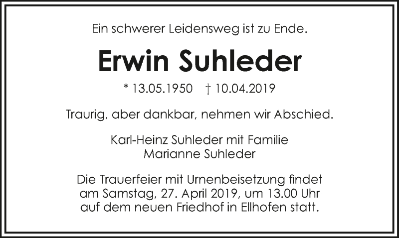  Traueranzeige für Erwin Suhleder vom 23.04.2019 aus 