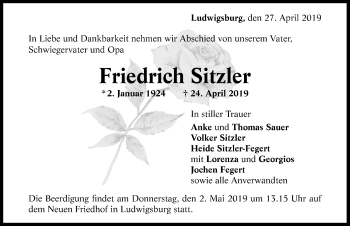Traueranzeige von Friedrich Sitzler 