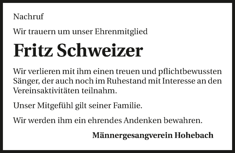  Traueranzeige für Fritz Schweizer vom 11.04.2019 aus 
