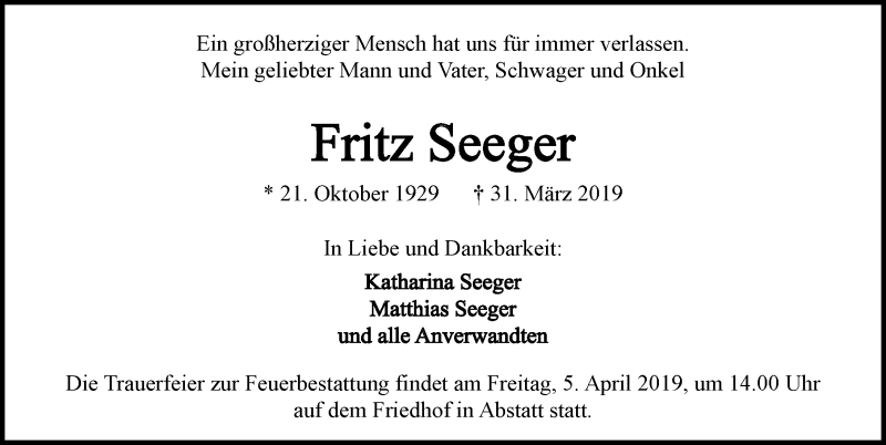  Traueranzeige für Fritz Seeger vom 03.04.2019 aus 