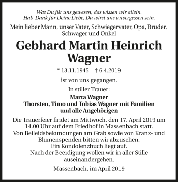 Traueranzeige von Gebhard Martin Heinrich Wagner 
