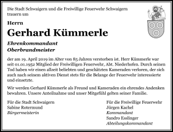 Traueranzeige von Gerhard Kümmerle 