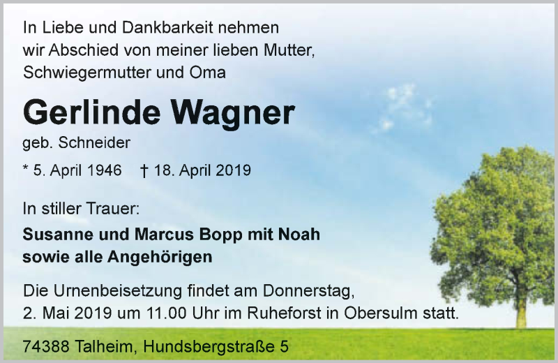  Traueranzeige für Gerlinde Wagner vom 27.04.2019 aus 
