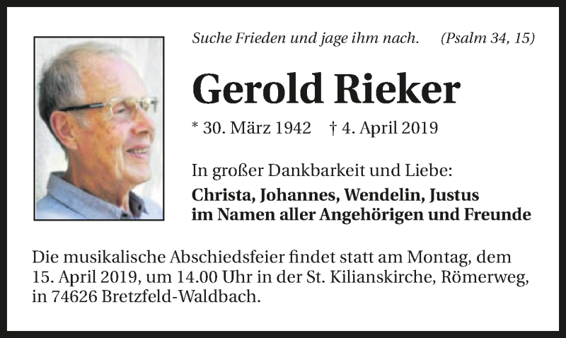  Traueranzeige für Gerold Rieker vom 11.04.2019 aus 