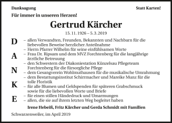 Traueranzeige von Gertrud Kärcher 