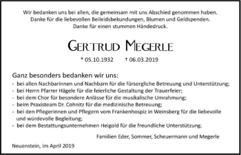 Traueranzeige von Gertrud Megerle 