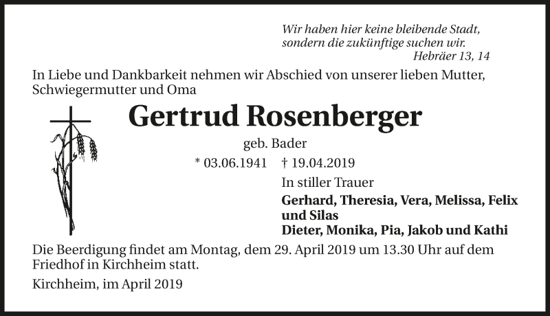  Traueranzeige für Gertrud Rosenberger vom 25.04.2019 aus 