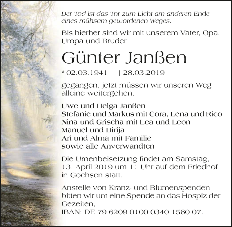 Traueranzeige für Günter Janßen vom 10.04.2019 aus 