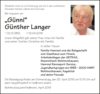 Traueranzeige von Günther Langer 