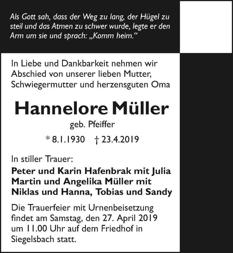  Traueranzeige für Hannelore Müller vom 25.04.2019 aus 