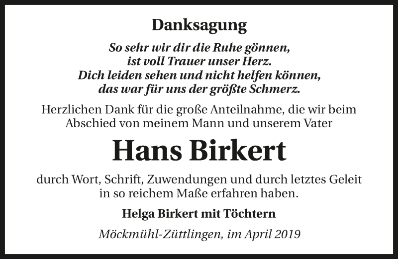  Traueranzeige für Hans Birkert vom 27.04.2019 aus 