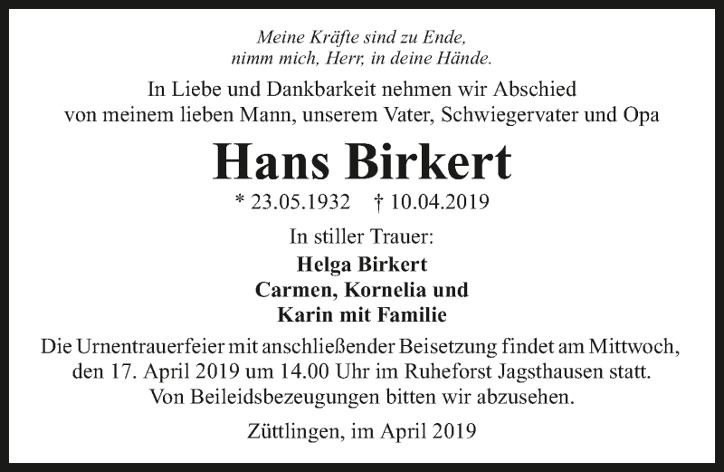  Traueranzeige für Hans Birkert vom 13.04.2019 aus 