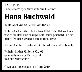 Traueranzeige von Hans Buchwald 